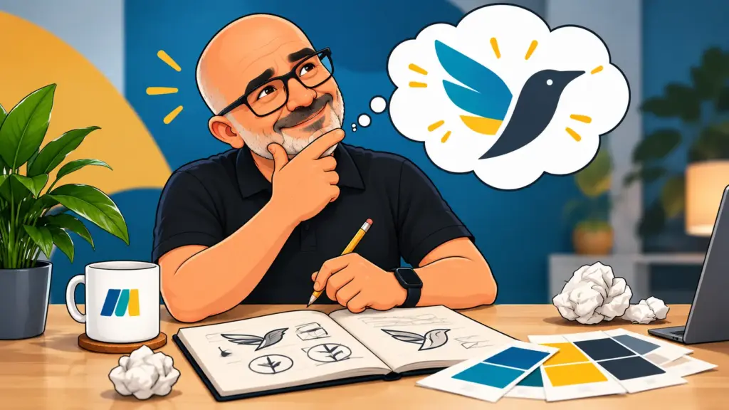 Cartoon of David from MurrinMedia sketching logo ideas, with a bird logo in a thought bubble