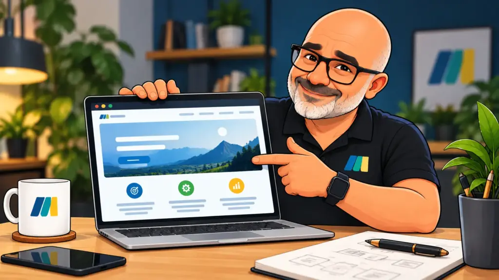 Cartoon of David from MurrinMedia pointing to a website on his laptop