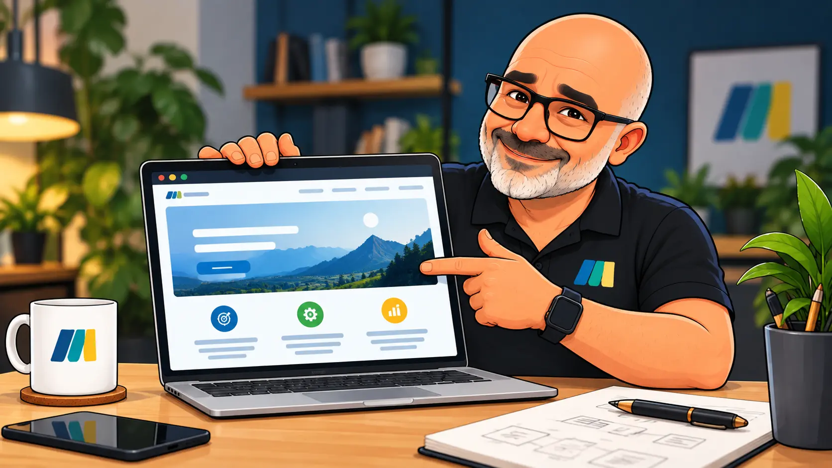 Cartoon of David from MurrinMedia pointing to a website on his laptop