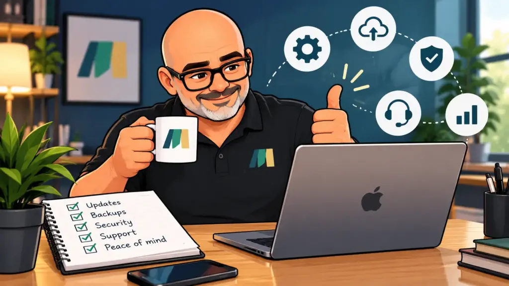 Cartoon of David from MurrinMedia giving a thumbs up at his desk, with a checklist of updates, backups, security and support