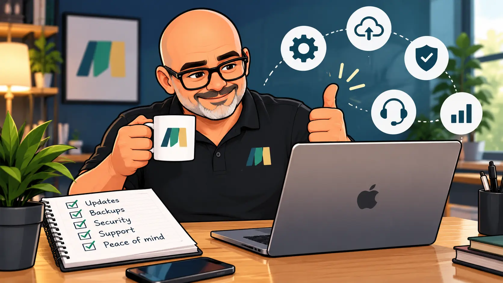 Cartoon of David from MurrinMedia giving a thumbs up at his desk, with a checklist of updates, backups, security and support