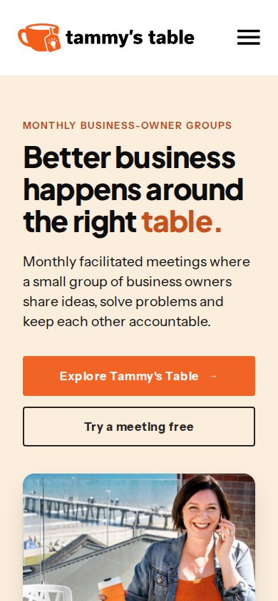 Tammy’s Table website on a phone